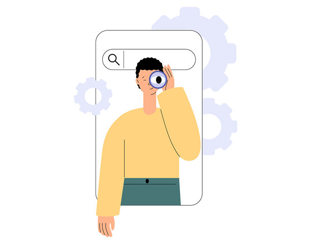 搜索概念。卡通人物带搜索框。男人用望远镜寻找信息。网上冲浪，网站，在线公司。智能手机应用程序中的搜索面板。扁平化矢量插画图片下载