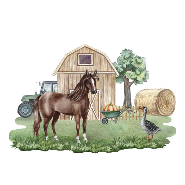 农场。手绘水彩插画。农场里有马、谷仓、干草、拖拉机等。农业和畜牧业的概念。用于横幅、标签、明信片。图片下载