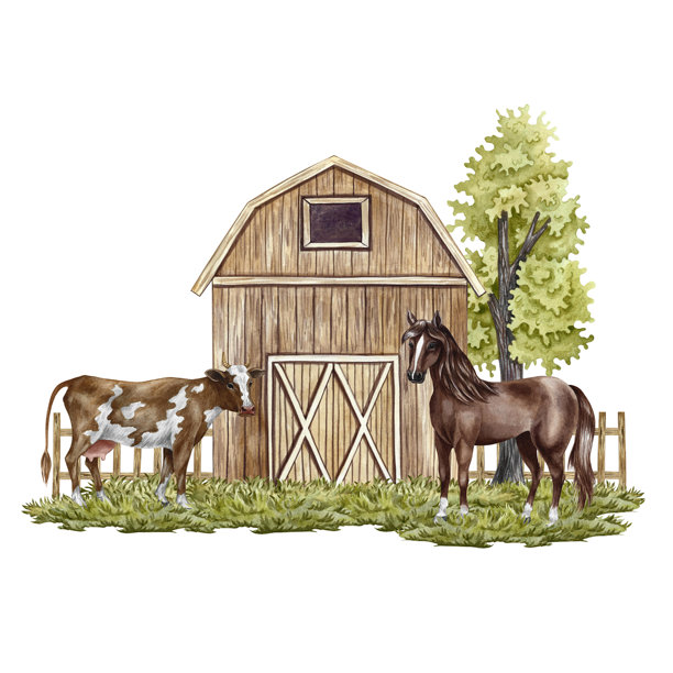 农场。手绘水彩插画。谷仓、牛、马。畜牧业概念。横幅、标签、明信片等设计元素。图片下载