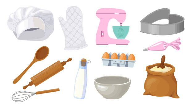 一套卡通风格的烘焙用品。矢量插画：厨师帽、隔热手套、搅拌机、烤盘、木勺、擀面杖、牛奶、鸡蛋、碗、裱花袋、打蛋器、面粉，孤立在白色背景上。图片下载