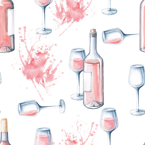带有飞溅背景的葡萄酒瓶和酒杯的无缝图案。手绘水彩插画，适用于酒店室内设计、织物印花和包装。图片下载