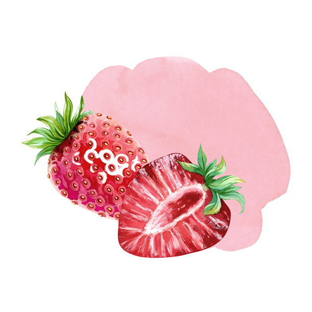鲜红多汁的草莓，带有绿叶，背景是粉红色的草莓汁或酸奶飞溅。美丽的浆果设计。夏日红浆果。甜美成熟的草莓。手绘水彩插画。图片下载