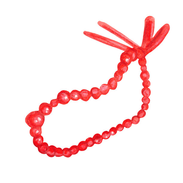 红珠子串在丝带上。手绘水彩插画，卡通风格。适用于卡片、邀请函、纸质或纺织品印刷的设计。节日、装饰、女孩、服装图片下载