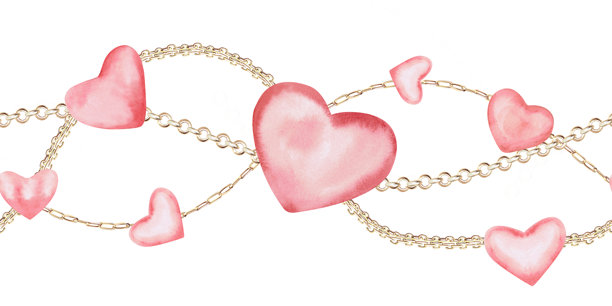 无缝的爱心与金链边框。隔离的水彩插画，适用于节日派对设计、室内装饰和织物印花。图片下载