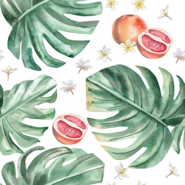 龟背竹叶、葡萄柚和鸡蛋花的无缝图案。手绘水彩插画，适用于酒店室内设计、织物印花和包装。图片下载
