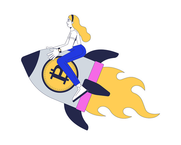 女性骑着比特币火箭在金融领域上升的二维插画概念图片下载