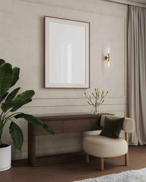 简约装饰的明亮房间，白色家居室内背景下的画框模型，3D渲染图片下载