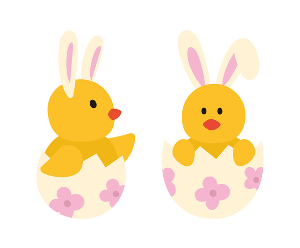 复活节小鸡坐在蛋壳里的扁平矢量插画。头上戴着兔子耳朵的复活节小鸡。白色背景。图片下载