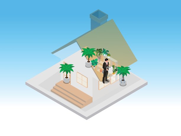 3D矢量插画：男子在家庭温室里浇灌植物图片下载