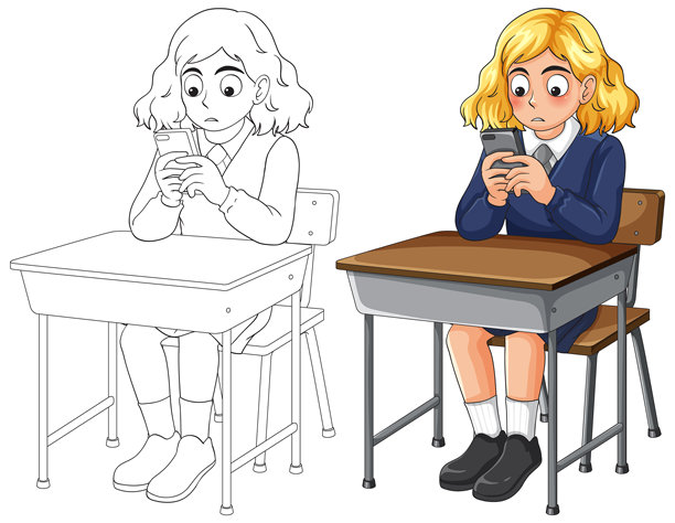 坐在书桌前使用智能手机的校服女孩插画图片下载