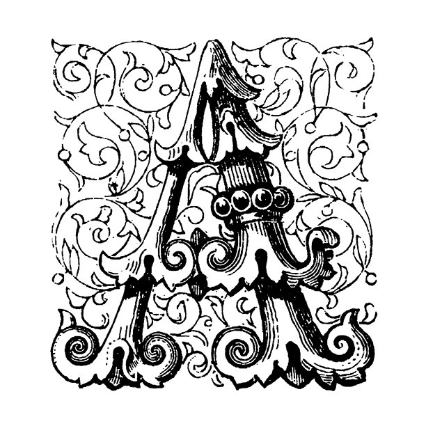 一个以白色为背景的字母A，饰有复杂的漩涡状花卉图案和精致的装饰，展示出优雅的曲线和装饰性艺术，老式插画，1845年图片下载