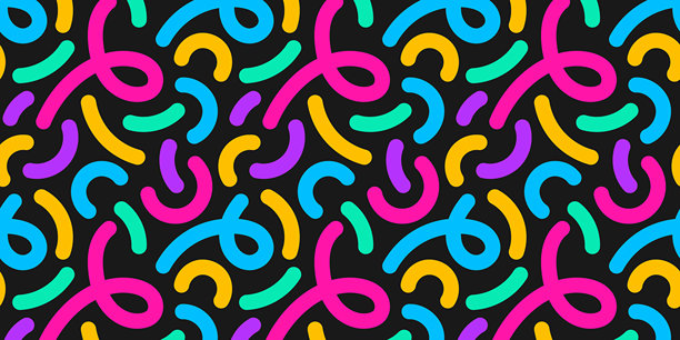 涂鸦霓虹多彩线条无缝图案。趣味创意几何矢量插画。手绘。潮流平面设计。粉色、黄色、蓝色、紫色。节日抽象图案。图片下载