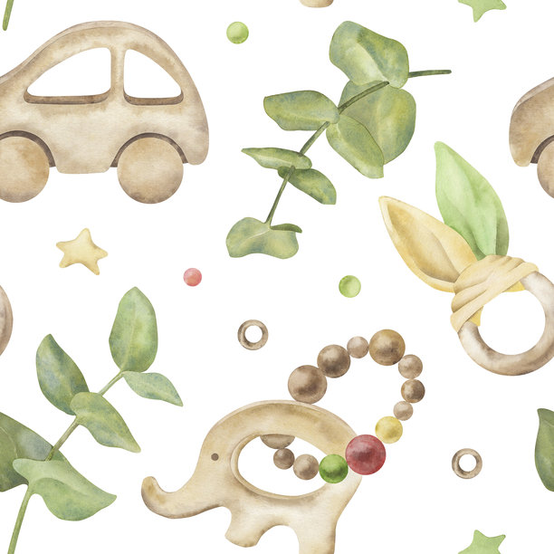 木制婴儿玩具、牙胶、大象、兔子、汽车、桉树的无缝图案。儿童生态教育用品手绘水彩插画。适用于壁纸和纺织品设计图片下载