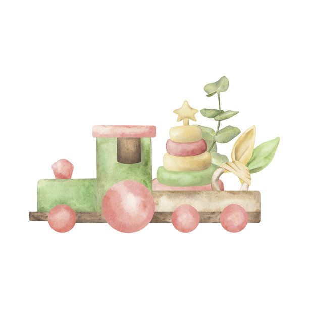 柔和的粉彩木制玩具火车水彩插画，火车上载有婴儿玩具：带星星的叠叠乐、牙胶环和桉树叶。简约的波西米亚和斯堪的纳维亚风格托儿所艺术。图片下载