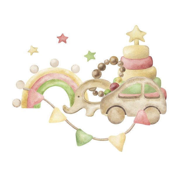 环保儿童玩具组合：汽车、大象、金字塔、牙胶、旗帜。手绘水彩插画。适用于设计、儿童房、婴儿派对、包装、卡片、博客、邀请函。图片下载