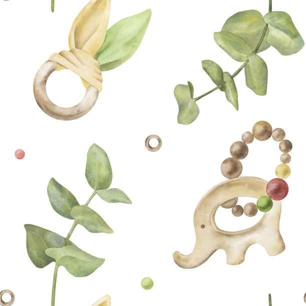 木质环保婴儿玩具的无缝图案：大象摇铃、兔子耳朵牙胶和桉树。手绘水彩插画。适用于织物和壁纸设计。图片下载