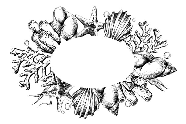 海洋生物椭圆形模板边框插画，手绘雕刻风格边框，包含各种海螺、海星、珊瑚和气泡，适用于水下和海洋概念。轮廓图形插画。图片下载