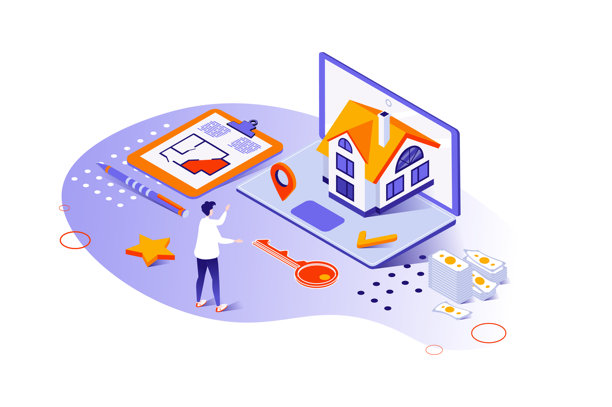 抵押贷款3D等距概念，包含用于网页设计的等距人物。男人选择新家并查看蓝图，获得银行贷款购买房产，使用信贷贷款购房。矢量插画。图片下载