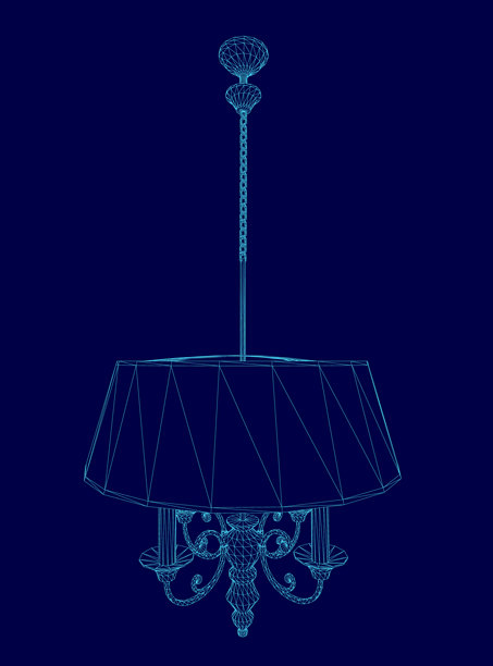 蓝色背景上的复古吊灯蓝图，展示了一个复杂的线框灯罩，带有详细的结构元素。图片下载