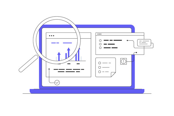 笔记本电脑显示屏展示商业数据分析和报告的视觉效果，包括图表、仪表盘和用于跟踪公司绩效的分析工具。扁平卡通矢量插画，图标，时尚抽象设计登陆页面网页图片下载
