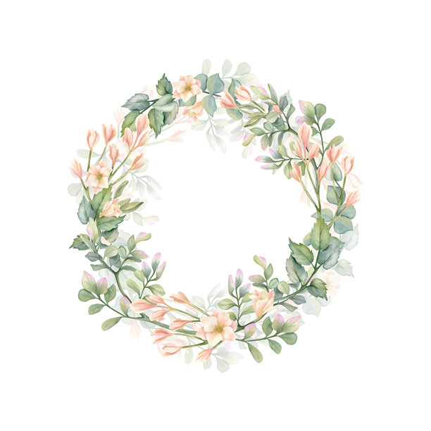 优雅的花环，用米色花朵、开心果叶、桉树水彩插画构成的框架。柔和的春季、夏季构图。手绘田园风格模板，孤立于背景之外。图片下载