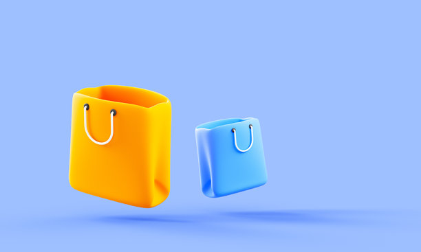 彩色的3D购物袋漂浮在蓝色背景上。一个橙色和一个蓝色的3D购物袋漂浮着，孤立在浅蓝色背景上，代表着在线购物和零售。图片下载