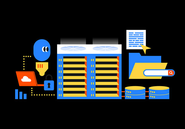 数字化数据中心运营与信息安全。可爱简约风格插画。图片下载