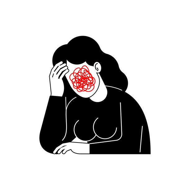 一个被混乱思绪和情绪压垮的女人。艺术插画象征着内心的困惑、焦虑或精神过载。图片下载