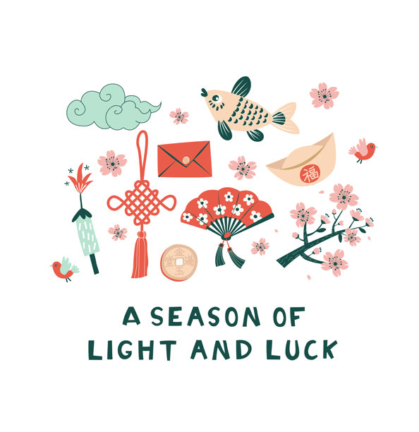 中国春节花卉节插画，带有灯笼和鲜花，扁平矢量设计图片下载