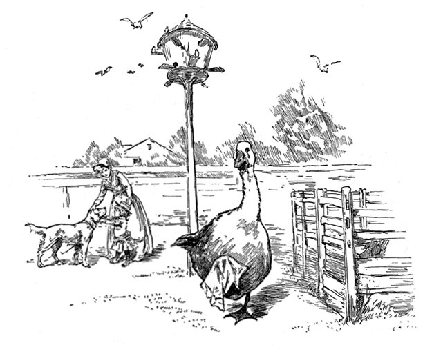 老式插画 - 一只大鹅在街上行走，背景中有女人和狗图片下载