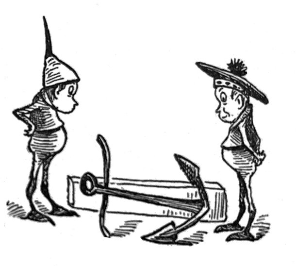 复古插画 - 两个卡通男人站着看一个巨大的船锚图片下载