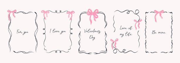 复古风格手绘情人节边框，饰有俏皮线条、精致蝴蝶结和丝带。矢量插画，非常适合用作海报、贺卡、邀请函的娇媚节日装饰边框。图片下载