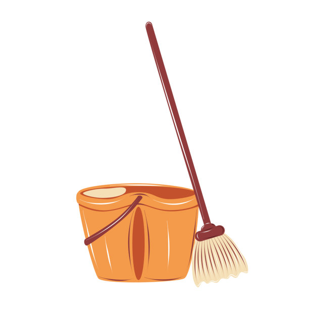 带水桶的扫帚用于地板清洁。手绘矢量图，孤立在白色背景上，非常适合用于清洁服务、家庭清洁习惯和家政插画。图片下载