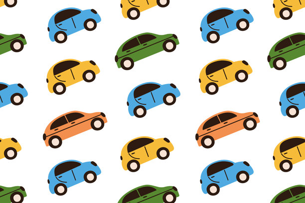 扁平卡通矢量插画，以天真的儿童涂鸦风格描绘色彩鲜艳的汽车图案，包含简单有趣的车辆，营造愉悦的儿童情绪，可用于儿童印花和托儿所装饰的无缝装饰设计。图片下载