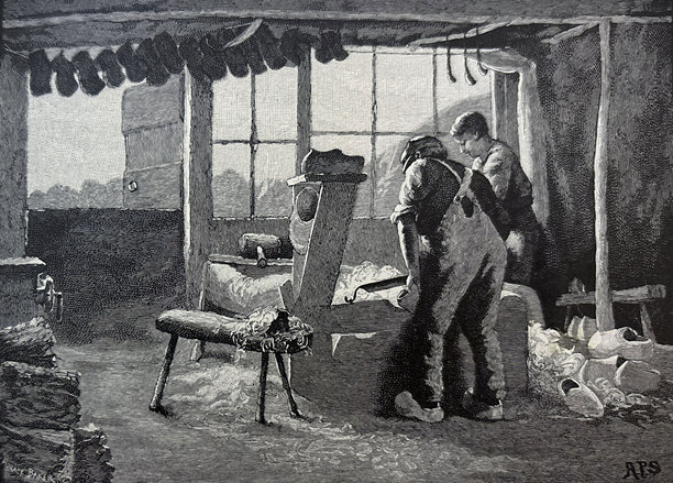 古董插画 - 荷兰工匠在工作室制作木鞋图片下载