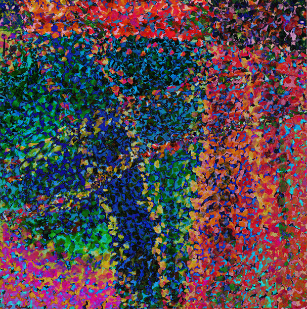 点彩抽象背景，带有红色、橙色、黄色和蓝色霓虹颜料点。手绘插画，迷幻风格绘画图片下载