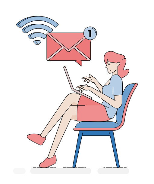 女性在办公桌前悠闲地处理邮件，展现出轻松的沟通流程和简单的办公效率。矢量卡通插画，适用于海报、宣传册、广告、商业、网页。图片下载