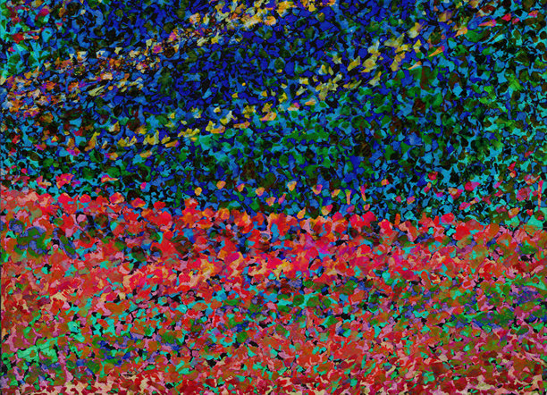 点彩抽象背景，带有红色、橙色、黄色和蓝色霓虹颜料斑点。手绘插画，迷幻风格绘画。图片下载