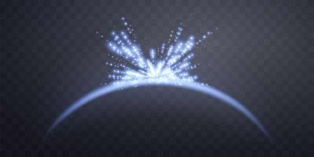 发光的粒子和阳光镜头光晕的蓝色魔法拱门。霓虹写实能量光晕拱门。透明背景上的抽象光效。矢量插画。图片下载