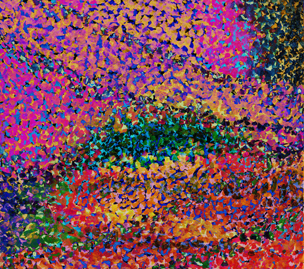 点彩抽象背景，带有红色、橙色、黄色和蓝色霓虹颜料斑点。手绘插画，迷幻画风。图片下载