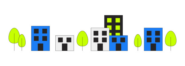 极简主义的街区房屋与树木，2D卡通素材图片下载