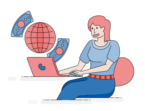 女性在笔记本电脑前管理银行业务和财务活动，电脑显示屏上展示着数字支付、在线转账和账户信息。适用于海报、宣传册、广告和商业用途的矢量卡通插画。图片下载