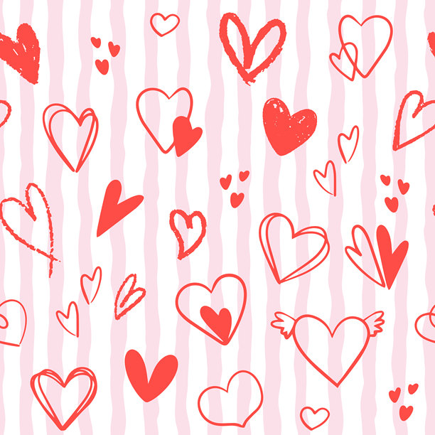 手绘情人节无缝图案，在柔和的粉色条纹背景上点缀着潦草的心形。浪漫卡通矢量插画，适用于爱情主题的包装纸、卡片、纺织品和节日装饰。图片下载
