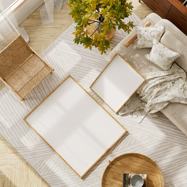 一个中性客厅内部的样机海报画框，配有木制家具、柔和的自然光和舒适的极简设计细节。3D插画。图片下载