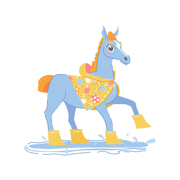 一只穿着黄色雨衣和雨靴的复活节小马，可爱的矢量插画。充满活力的春季艺术作品，适用于复活节贺卡、儿童设计、海报、文具、季节性装饰和品牌推广。图片下载