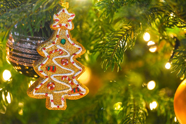 圣诞节静物。圣诞冷杉树枝，饰有装饰品和灯光图片下载