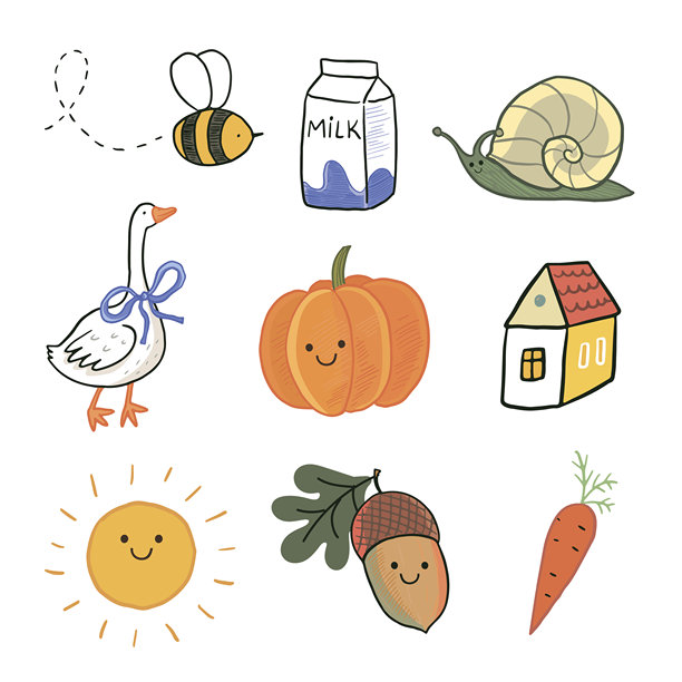 为孩子们绘制的有趣动物和物品插画矢量手绘集。包括牛奶盒、南瓜、鹅、胡萝卜、房子、太阳和蜗牛。图片下载