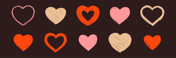 粉色和红色的粉笔心形集合，带有颓废纹理。为情人节、婚礼、单身派对、新娘送礼会设计和浪漫艺术插画绘制的爱情符号涂鸦。图片下载