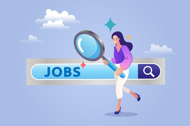一位女士正通过放大镜在线寻找工作，这是一幅关于求职和招聘概念的矢量插画。图片下载