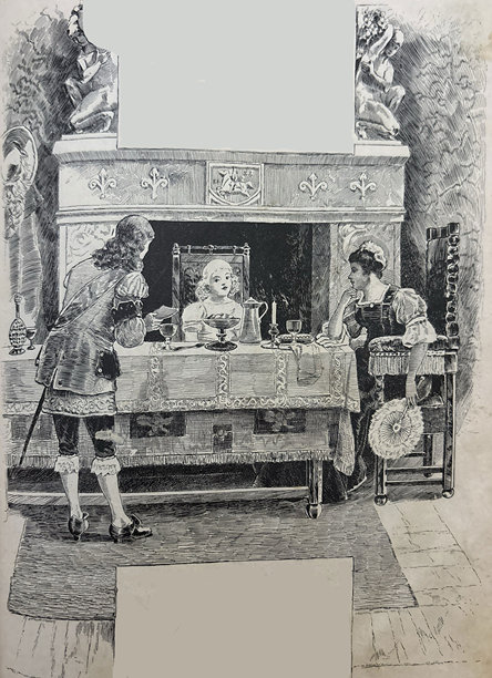 复古插画 - 文艺复兴时期的人们坐在一张大桌子旁，桌子位于一间装饰华丽的房子里图片下载